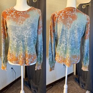 Democracy Womens Medium Thermal Knit Top Multi Color Floral Waffle